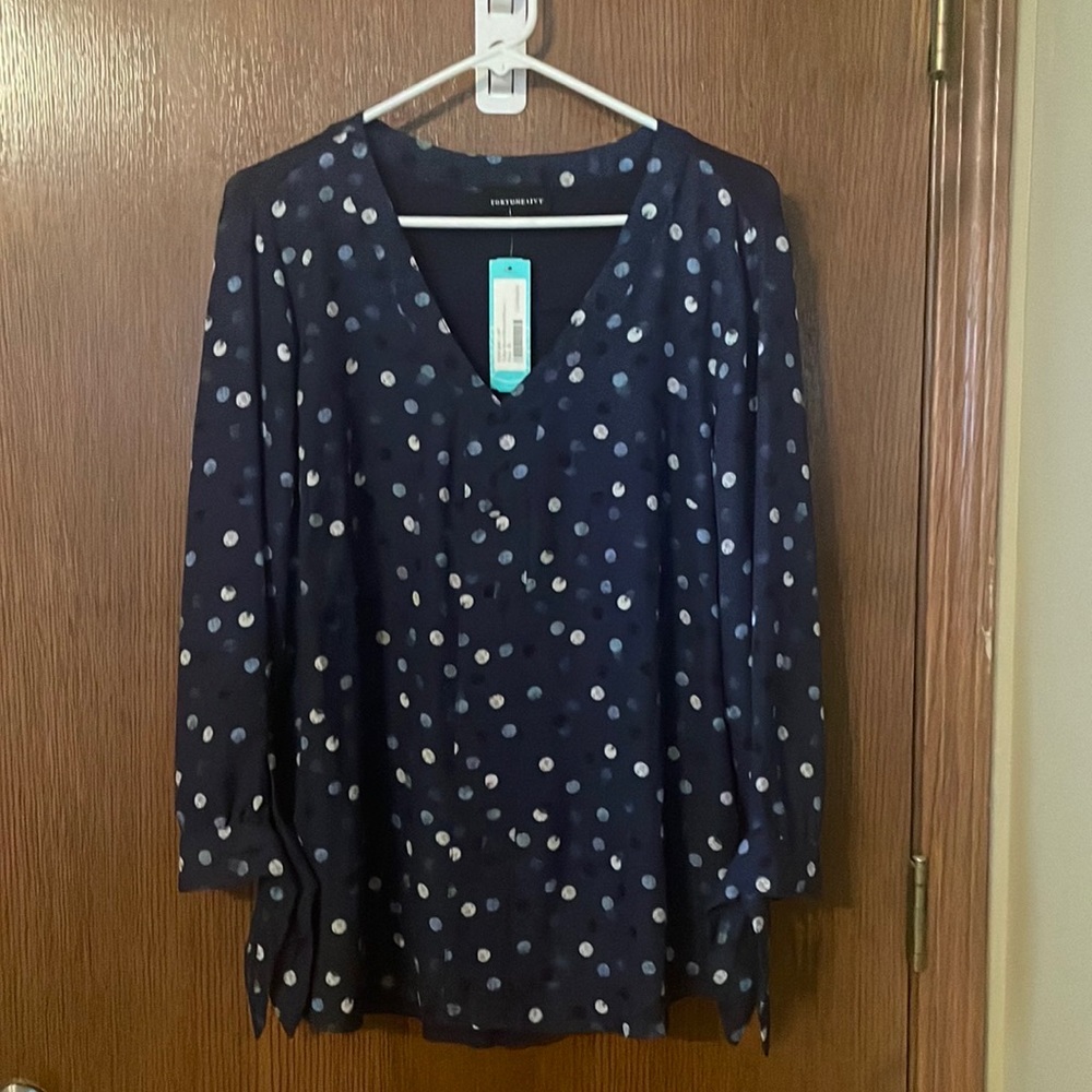 Brand new with tags. Fortune and Ivy Navy Mixed Material Blouse. Size XL.